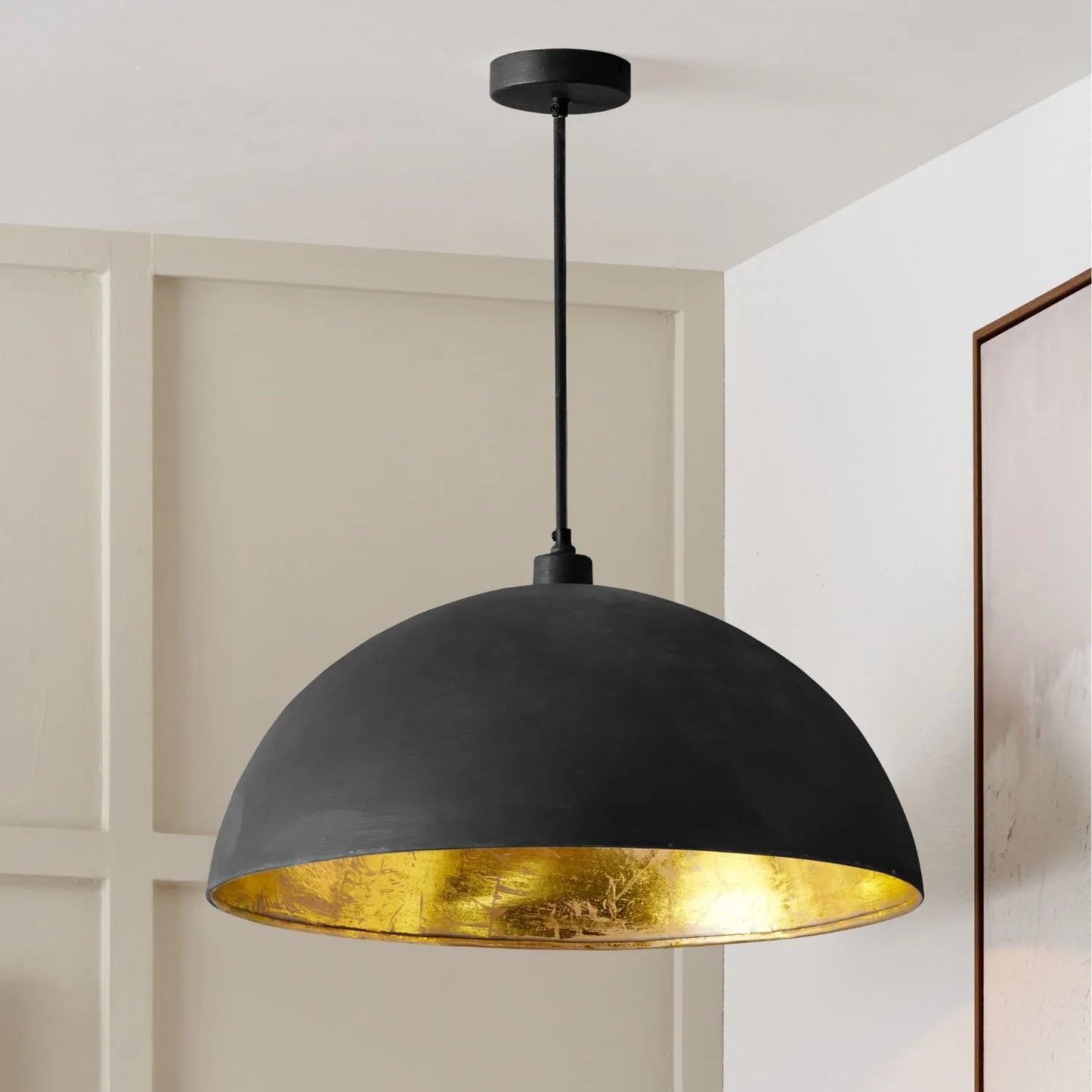 Matt Black & Gold Leaf Large Domed Metal Industrial Pendant Light With Black Fabric Cable – Adjustable Dimmable Ceiling Light 142x63x63cm | Click Style