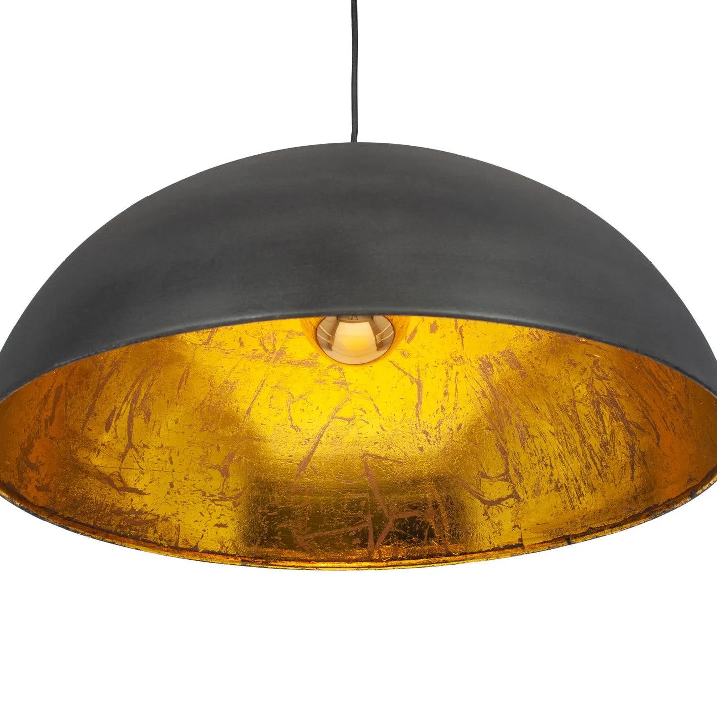 Matt Black & Gold Leaf Large Domed Metal Industrial Pendant Light With Black Fabric Cable – Adjustable Dimmable Ceiling Light 142x63x63cm | Click Style