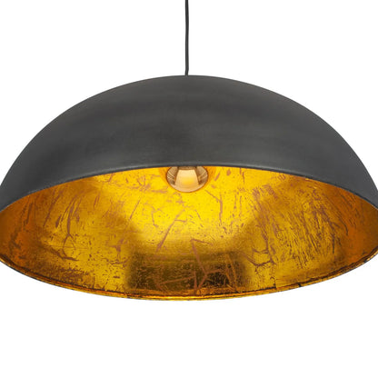 Matt Black & Gold Leaf Large Domed Metal Industrial Pendant Light With Black Fabric Cable – Adjustable Dimmable Ceiling Light 142x63x63cm | Click Style