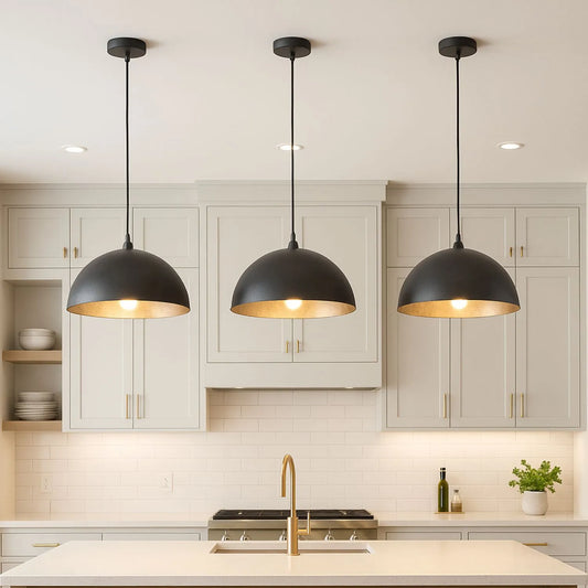 Matt Black & Gold Leaf Large Domed Metal Industrial Pendant Light With Black Fabric Cable – Adjustable Dimmable Ceiling Light 142x63x63cm | Click Style