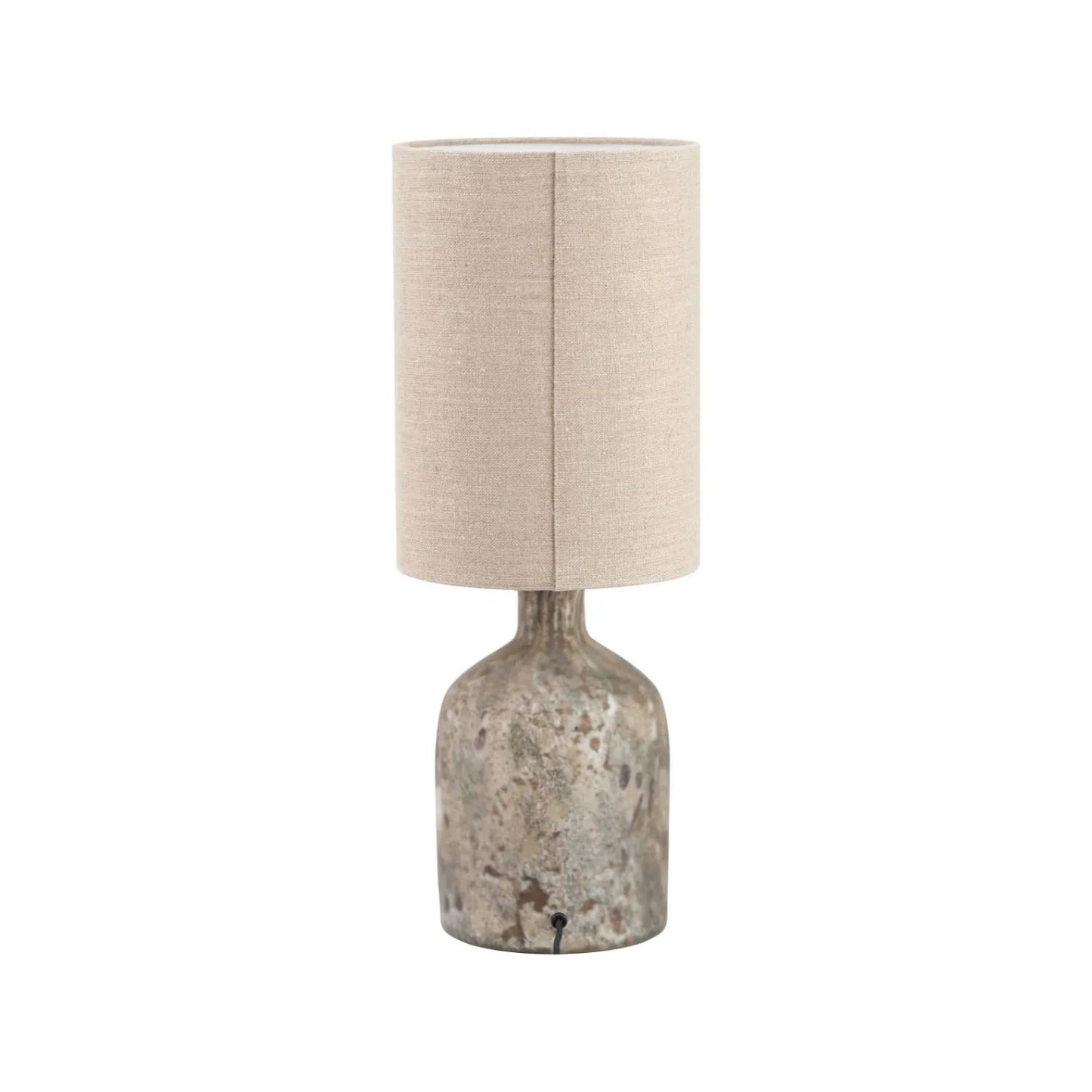 Matt Brown Organic Mouth-Blown Glass Bottle Table Lamp with Tall Natural Linen Drum Shade – Handcrafted Marbled Glass Lighting 56x22x22cm | Click Style