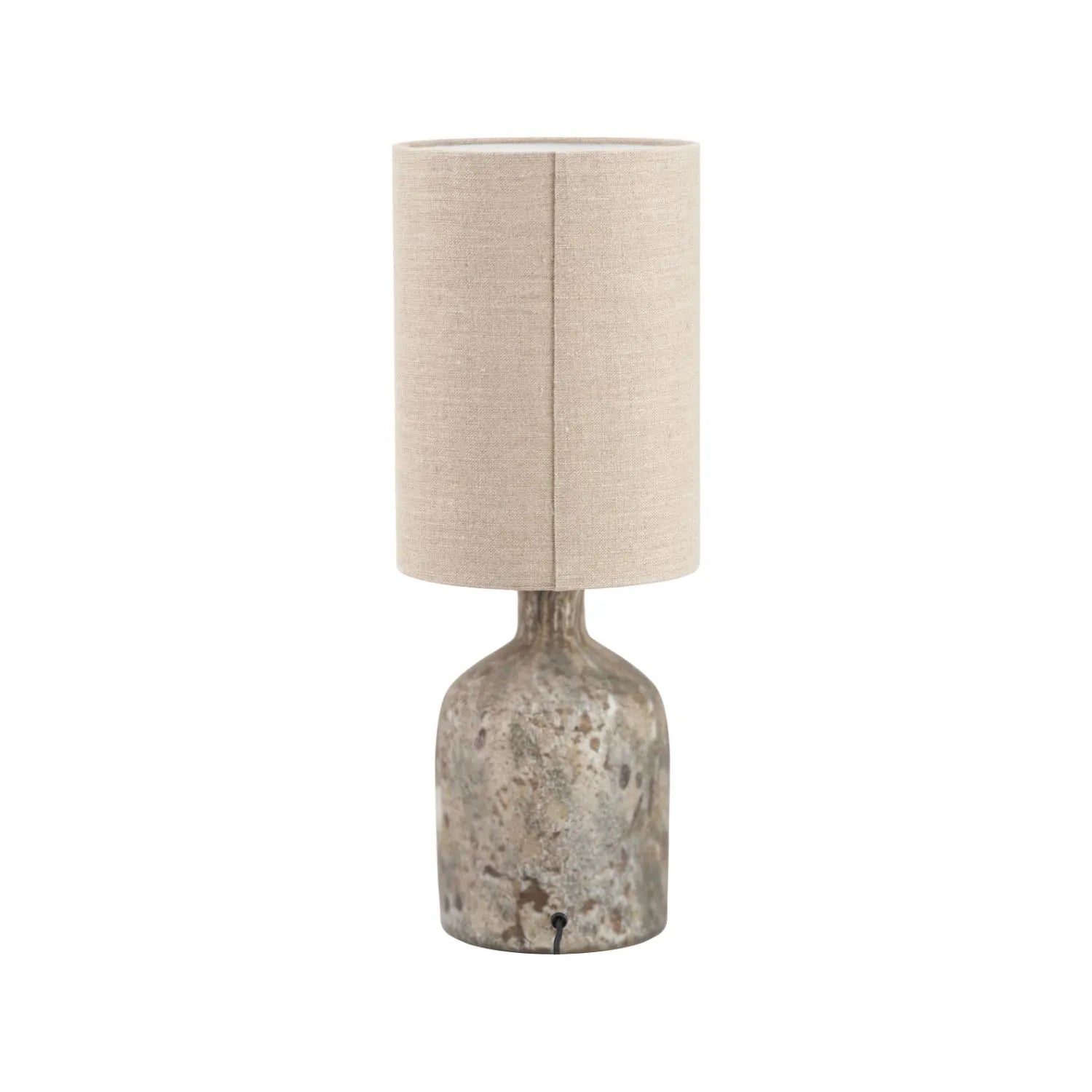Matt Brown Organic Mouth-Blown Glass Bottle Table Lamp with Tall Natural Linen Drum Shade – Handcrafted Marbled Glass Lighting 56x22x22cm | Click Style