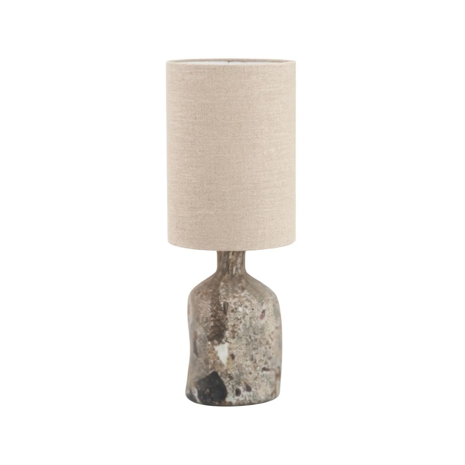 Matt Brown Organic Mouth-Blown Glass Bottle Table Lamp with Tall Natural Linen Drum Shade – Handcrafted Marbled Glass Lighting 56x22x22cm | Click Style