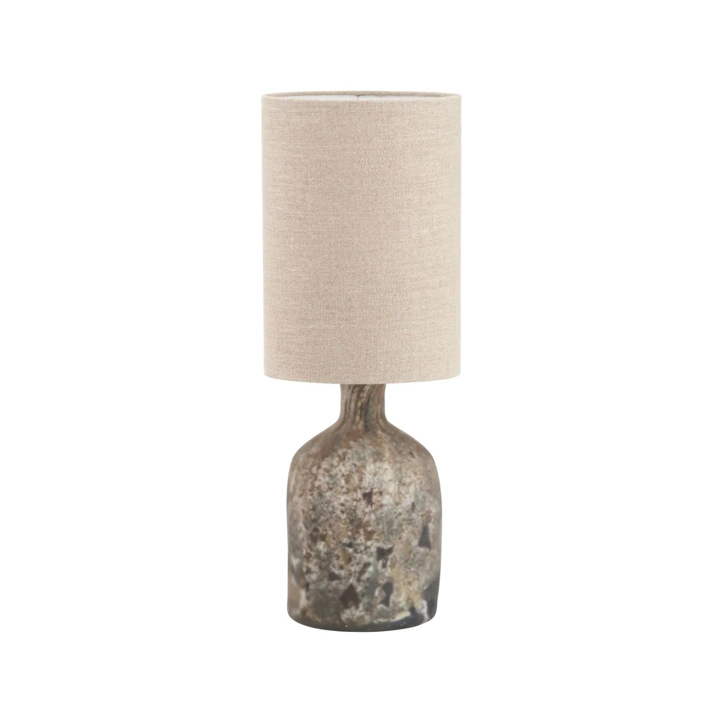 Matt Brown Organic Mouth-Blown Glass Bottle Table Lamp with Tall Natural Linen Drum Shade – Handcrafted Marbled Glass Lighting 56x22x22cm | Click Style