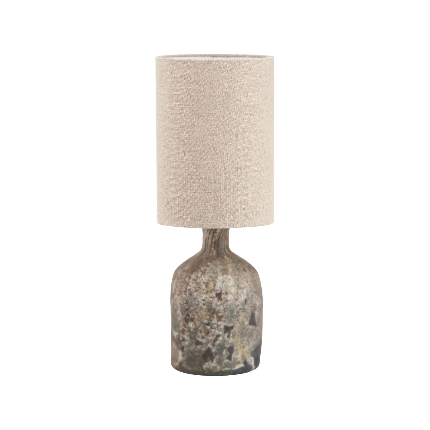Matt Brown Organic Mouth-Blown Glass Bottle Table Lamp with Tall Natural Linen Drum Shade – Handcrafted Marbled Glass Lighting 56x22x22cm | Click Style