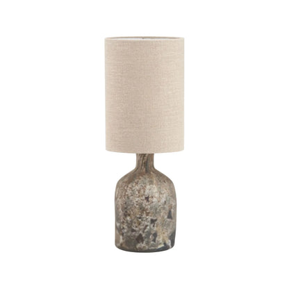 Matt Brown Organic Mouth-Blown Glass Bottle Table Lamp with Tall Natural Linen Drum Shade – Handcrafted Marbled Glass Lighting 56x22x22cm | Click Style