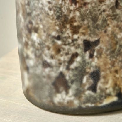 Matt Brown Organic Mouth-Blown Glass Bottle Table Lamp with Tall Natural Linen Drum Shade – Handcrafted Marbled Glass Lighting 56x22x22cm | Click Style