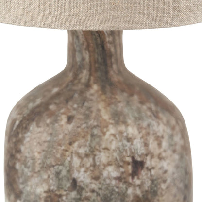 Matt Brown Organic Mouth-Blown Glass Bottle Table Lamp with Tall Natural Linen Drum Shade – Handcrafted Marbled Glass Lighting 56x22x22cm | Click Style