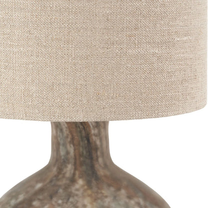 Matt Brown Organic Mouth-Blown Glass Bottle Table Lamp with Tall Natural Linen Drum Shade – Handcrafted Marbled Glass Lighting 56x22x22cm | Click Style