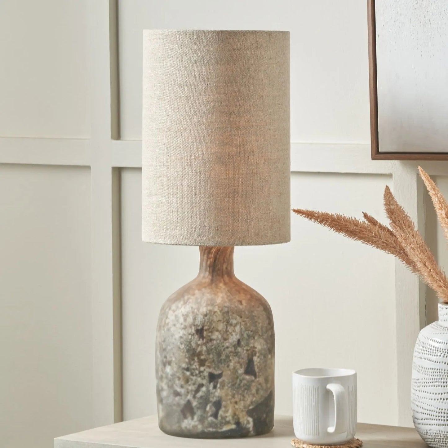 Matt Brown Organic Mouth-Blown Glass Bottle Table Lamp with Tall Natural Linen Drum Shade – Handcrafted Marbled Glass Lighting 56x22x22cm | Click Style