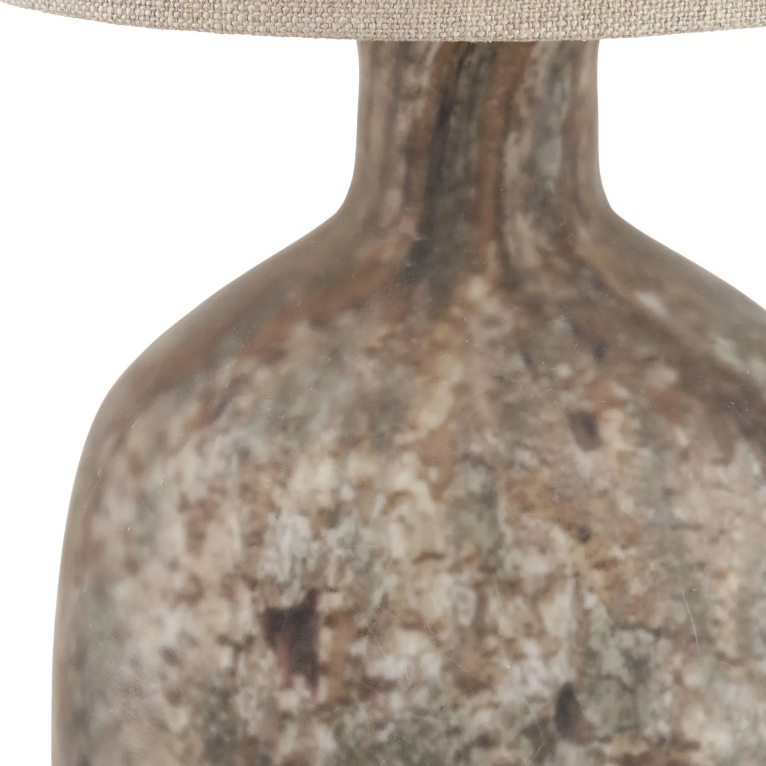 Matt Brown Organic Mouth-Blown Glass Bottle Table Lamp with Tall Natural Linen Drum Shade – Handcrafted Marbled Glass Lighting 56x22x22cm | Click Style