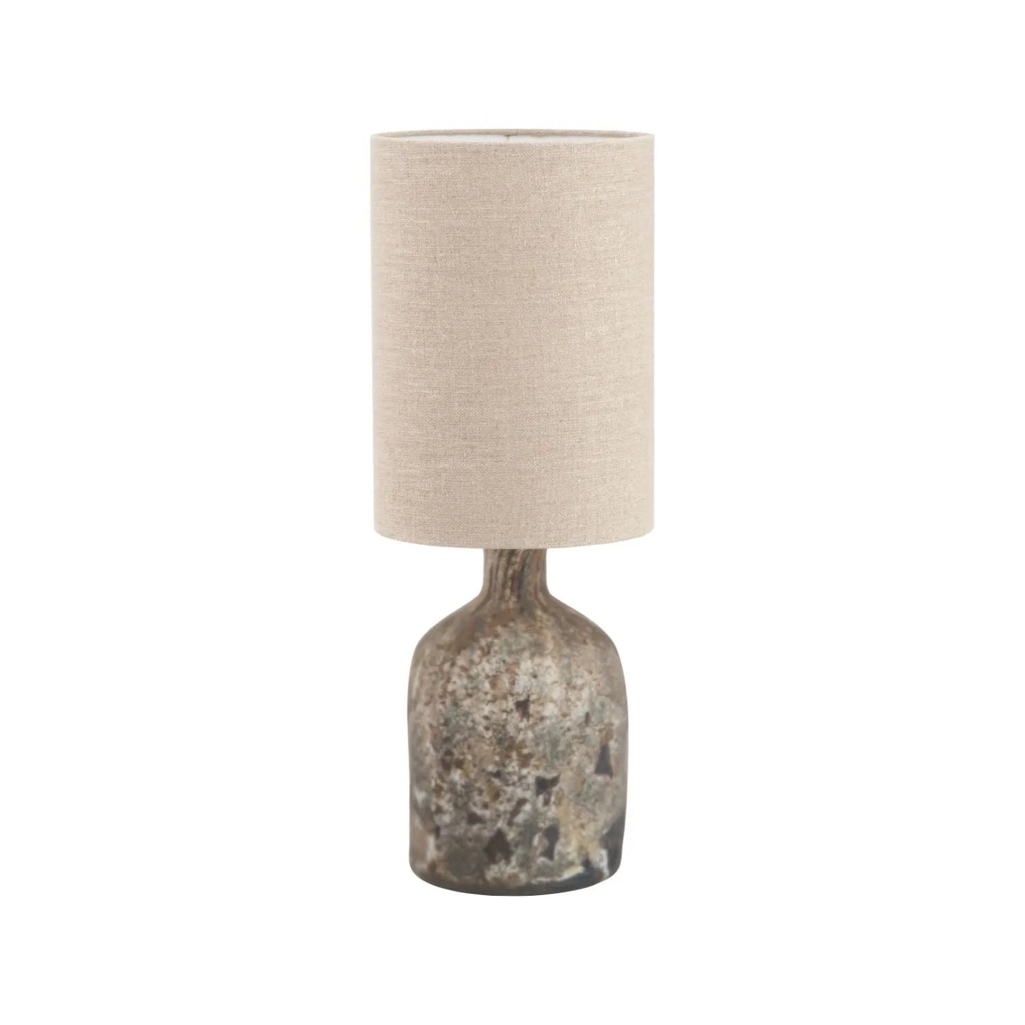 Matt Brown Organic Mouth-Blown Glass Bottle Table Lamp with Tall Natural Linen Drum Shade – Handcrafted Marbled Glass Lighting 56x22x22cm | Click Style