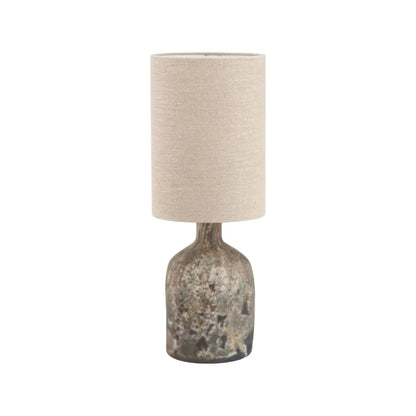 Matt Brown Organic Mouth-Blown Glass Bottle Table Lamp with Tall Natural Linen Drum Shade – Handcrafted Marbled Glass Lighting 56x22x22cm | Click Style