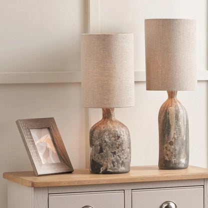 Matt Brown Organic Mouth-Blown Glass Bottle Table Lamp with Tall Natural Linen Drum Shade – Handcrafted Marbled Glass Lighting 56x22x22cm | Click Style