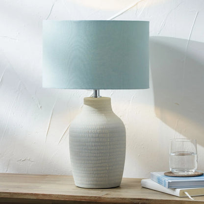 Matt Brown Textured Ceramic Bottle Table Lamp with Lined Natural Linen Drum Shade & Horizontal Line Detailing – Contemporary Earthy Statement Table Light 44x28x28cm | Click Style