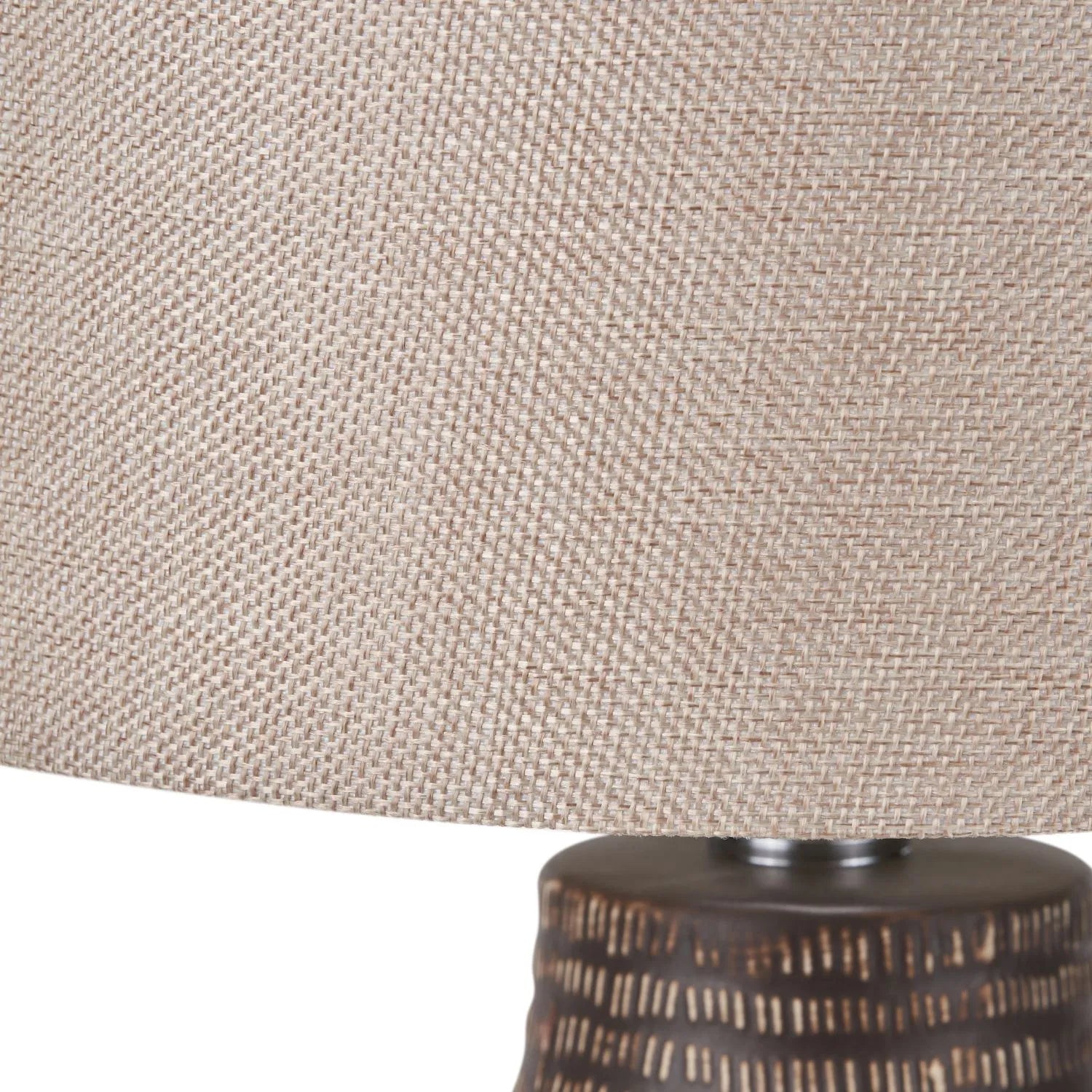 Matt Brown Textured Ceramic Bottle Table Lamp with Lined Natural Linen Drum Shade & Horizontal Line Detailing – Contemporary Earthy Statement Table Light 44x28x28cm | Click Style