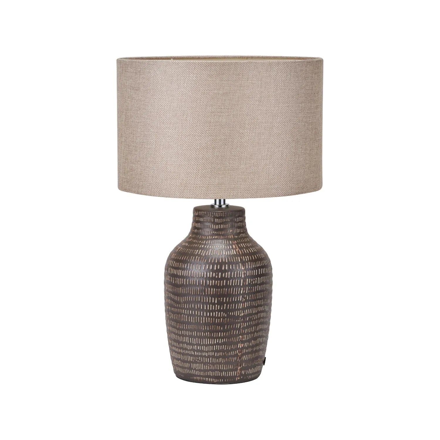 Matt Brown Textured Ceramic Bottle Table Lamp with Lined Natural Linen Drum Shade & Horizontal Line Detailing – Contemporary Earthy Statement Table Light 44x28x28cm | Click Style