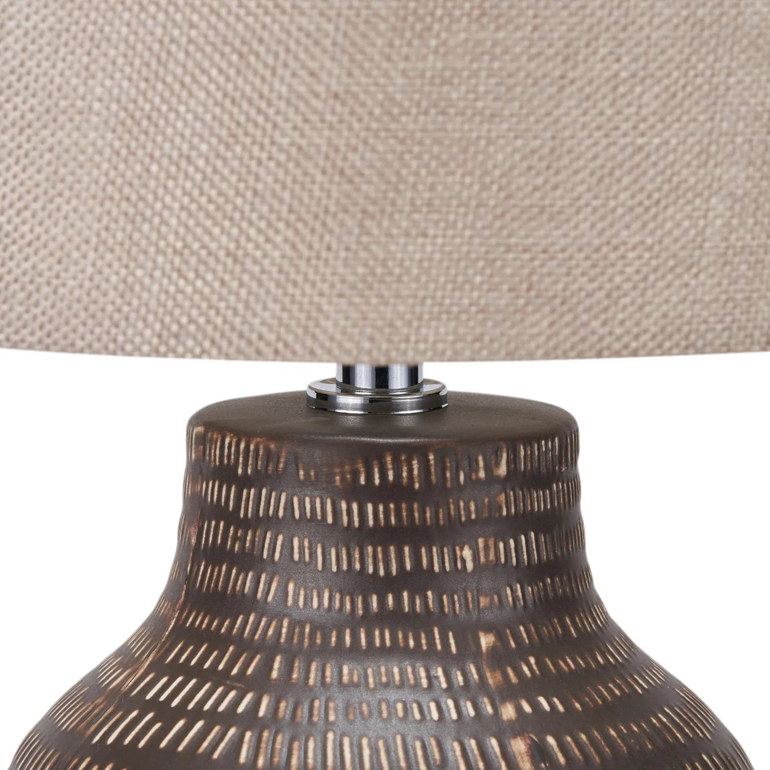 Matt Brown Textured Ceramic Bottle Table Lamp with Lined Natural Linen Drum Shade & Horizontal Line Detailing – Contemporary Earthy Statement Table Light 44x28x28cm | Click Style