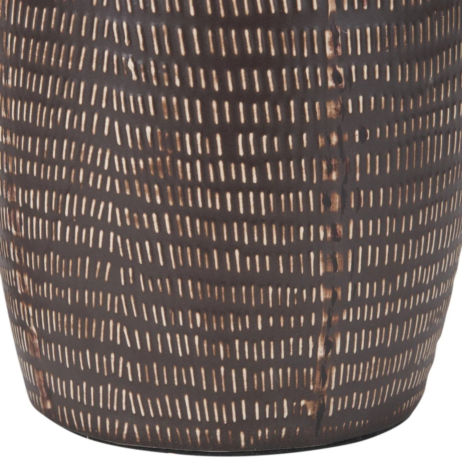 Matt Brown Textured Ceramic Bottle Table Lamp with Lined Natural Linen Drum Shade & Horizontal Line Detailing – Contemporary Earthy Statement Table Light 44x28x28cm | Click Style