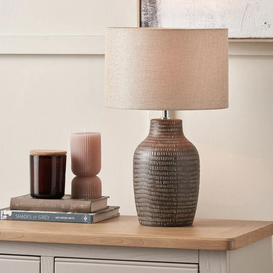 Matt Brown Textured Ceramic Bottle Table Lamp with Lined Natural Linen Drum Shade & Horizontal Line Detailing – Contemporary Earthy Statement Table Light 44x28x28cm | Click Style