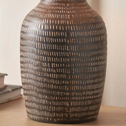 Matt Brown Textured Ceramic Bottle Table Lamp with Lined Natural Linen Drum Shade & Horizontal Line Detailing – Contemporary Earthy Statement Table Light 44x28x28cm | Click Style