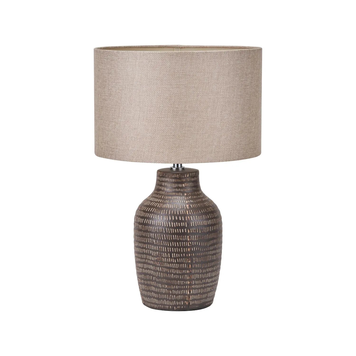 Matt Brown Textured Ceramic Bottle Table Lamp with Lined Natural Linen Drum Shade & Horizontal Line Detailing – Contemporary Earthy Statement Table Light 44x28x28cm | Click Style