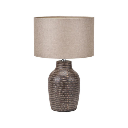 Matt Brown Textured Ceramic Bottle Table Lamp with Lined Natural Linen Drum Shade & Horizontal Line Detailing – Contemporary Earthy Statement Table Light 44x28x28cm | Click Style