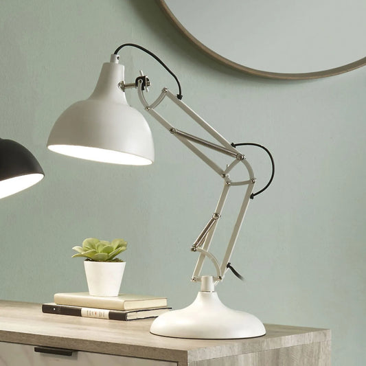 Matt White Architect Task Lamp – Adjustable Desk Light with Metal Arm & Tilting Shade 55x19cm - Click Style