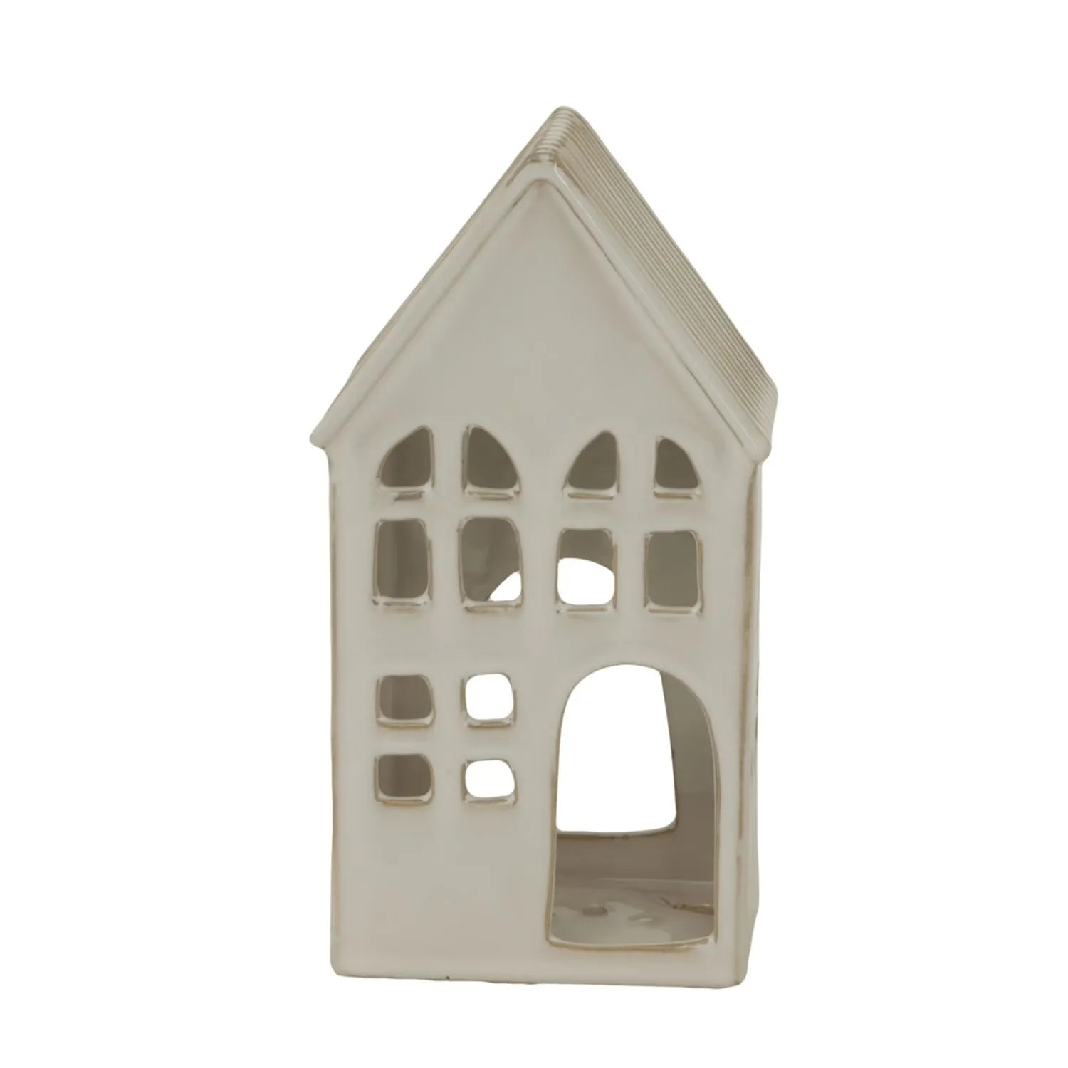 Matt White Ceramic House Tea Light Holder with Cut-Out Windows & Door | Click Style
