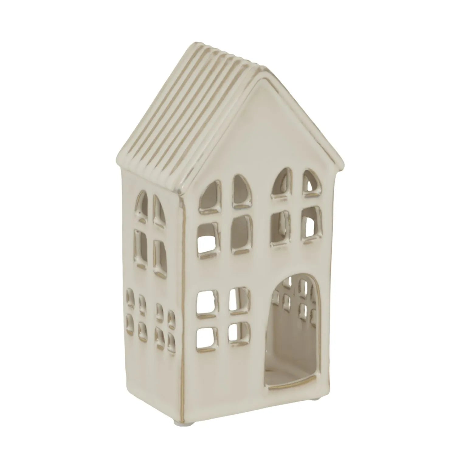 Matt White Ceramic Large House Tealight Holder with Cut-Out Windows & Door – Large Decorative Candle Holder 20x11x7cm | Click Style