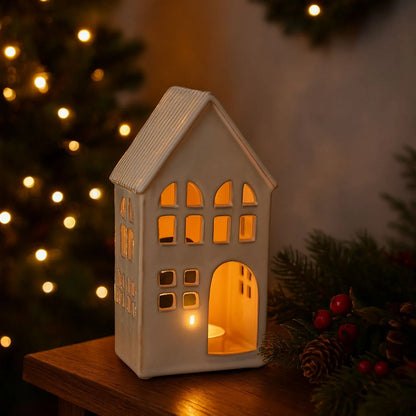 Matt White Ceramic Large House Tealight Holder with Cut-Out Windows & Door – Large Decorative Candle Holder 20x11x7cm | Click Style