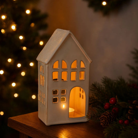 Matt White Ceramic Large House Tealight Holder with Cut-Out Windows & Door – Large Decorative Candle Holder 20x11x7cm | Click Style