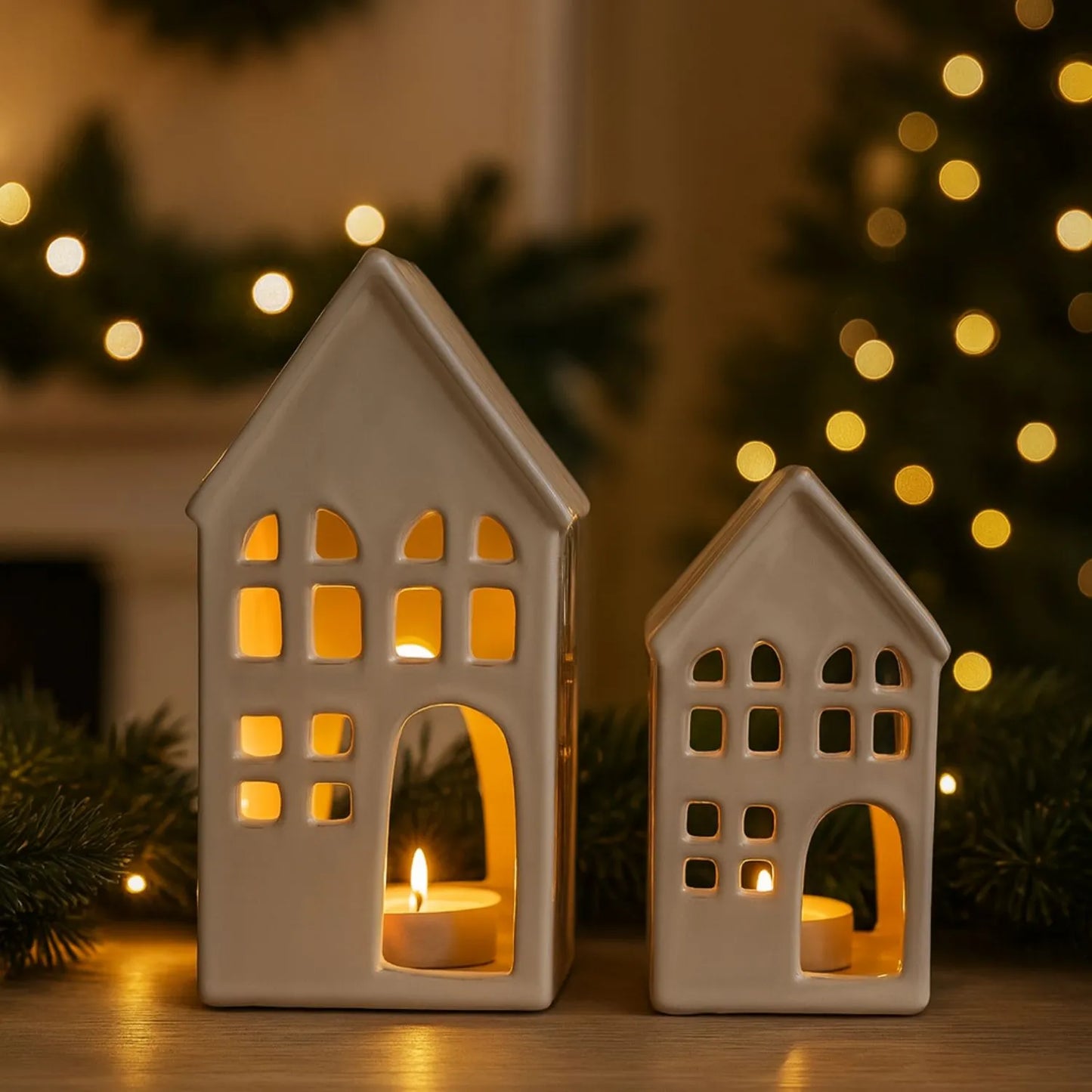 Matt White Ceramic Large House Tealight Holder with Cut-Out Windows & Door – Large Decorative Candle Holder 20x11x7cm | Click Style