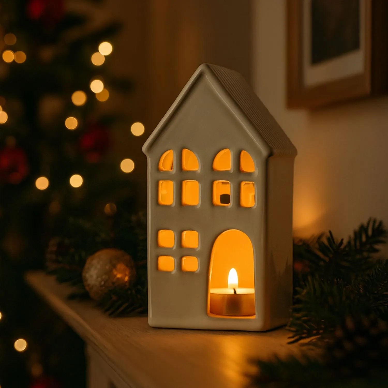 Matt White Ceramic House Tea Light Holder with Cut-Out Windows & Door | Click Style