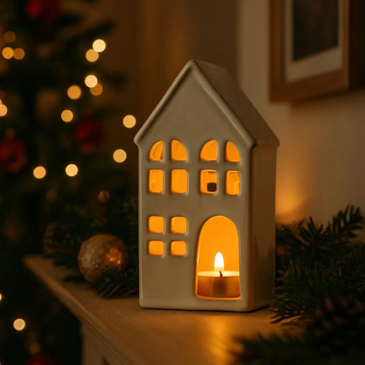 Matt White Ceramic House Tea Light Holder with Cut-Out Windows & Door | Click Style