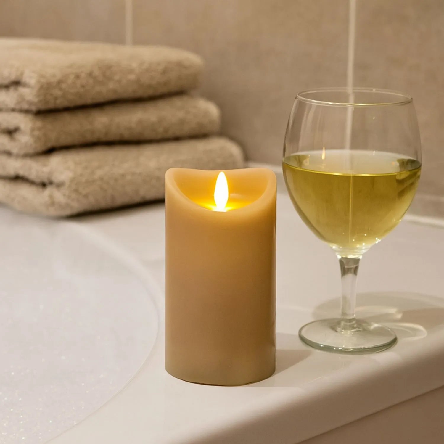 Medium Beige Taupe Melted-Effect Real Wax LED Flameless Pillar Candle with Realistic Flickering Flame – Battery Operated Decorative Light 12x7x7cm | Click Style