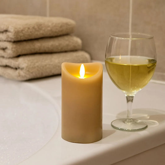 Medium Beige Taupe Melted-Effect Real Wax LED Flameless Pillar Candle with Realistic Flickering Flame – Battery Operated Decorative Light 12x7x7cm | Click Style