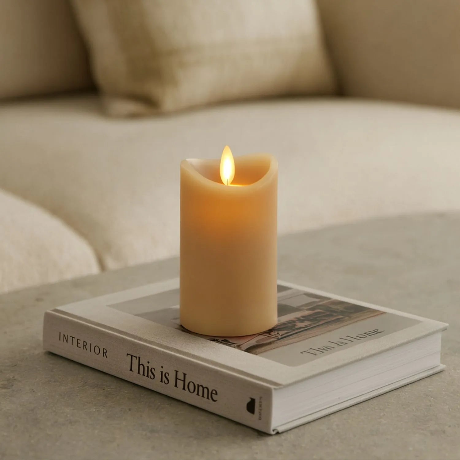 Medium Beige Taupe Melted-Effect Real Wax LED Flameless Pillar Candle with Realistic Flickering Flame – Battery Operated Decorative Light 12x7x7cm | Click Style