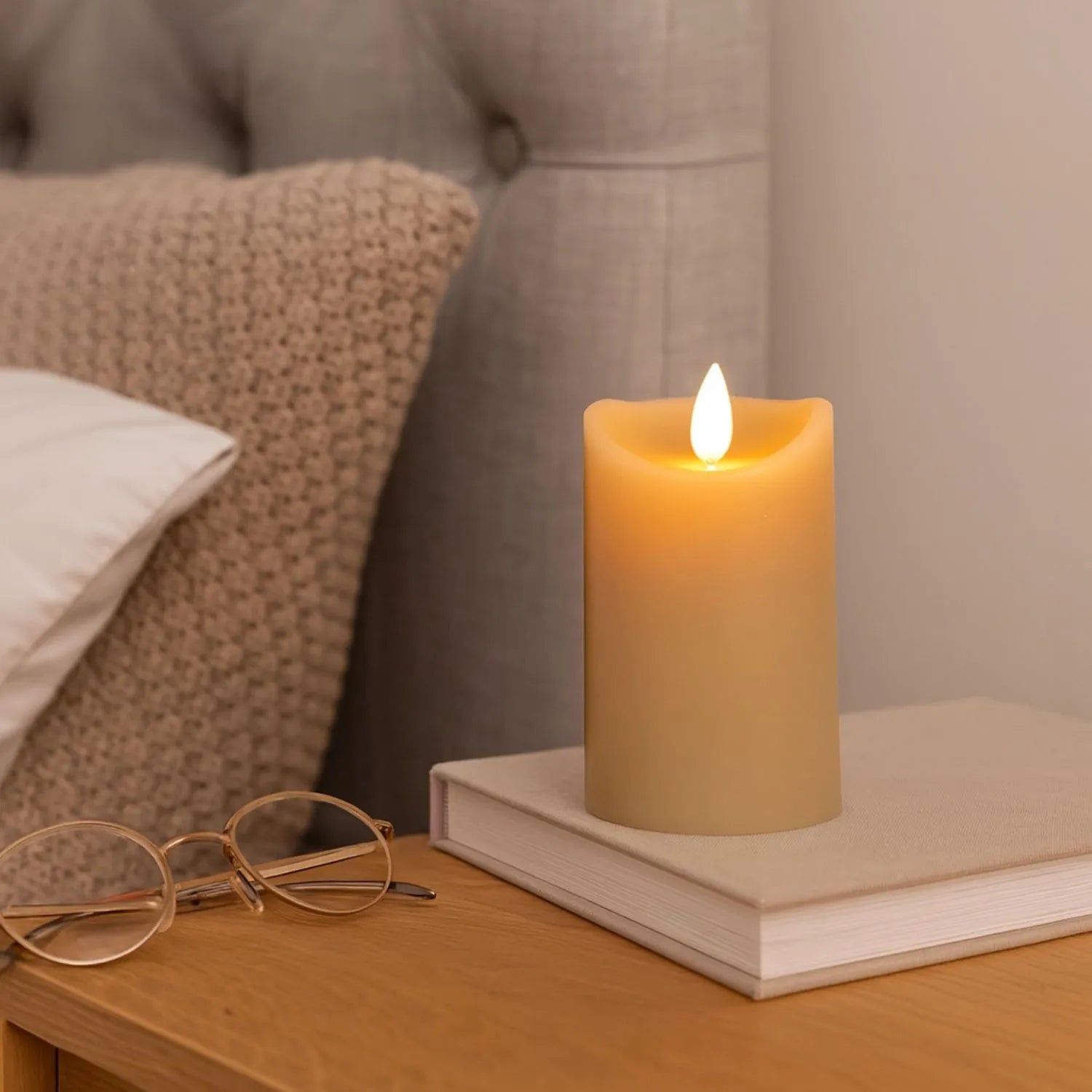 Medium Beige Taupe Melted-Effect Real Wax LED Flameless Pillar Candle with Realistic Flickering Flame – Battery Operated Decorative Light 12x7x7cm | Click Style