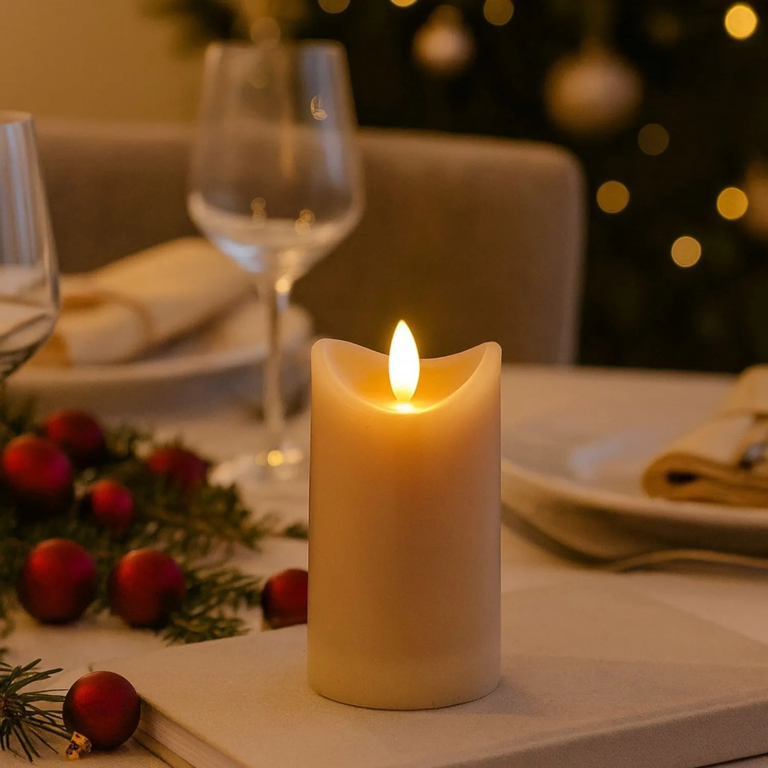 Medium Beige Taupe Melted-Effect Real Wax LED Flameless Pillar Candle with Realistic Flickering Flame – Battery Operated Decorative Light 12x7x7cm | Click Style