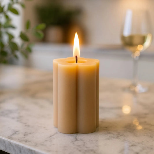 Medium Beige Taupe Scalloped Real Wax LED Flameless Pillar Candle with Realistic Flickering Flame – Battery Operated Decorative Light 12x7x7cm | Click Style