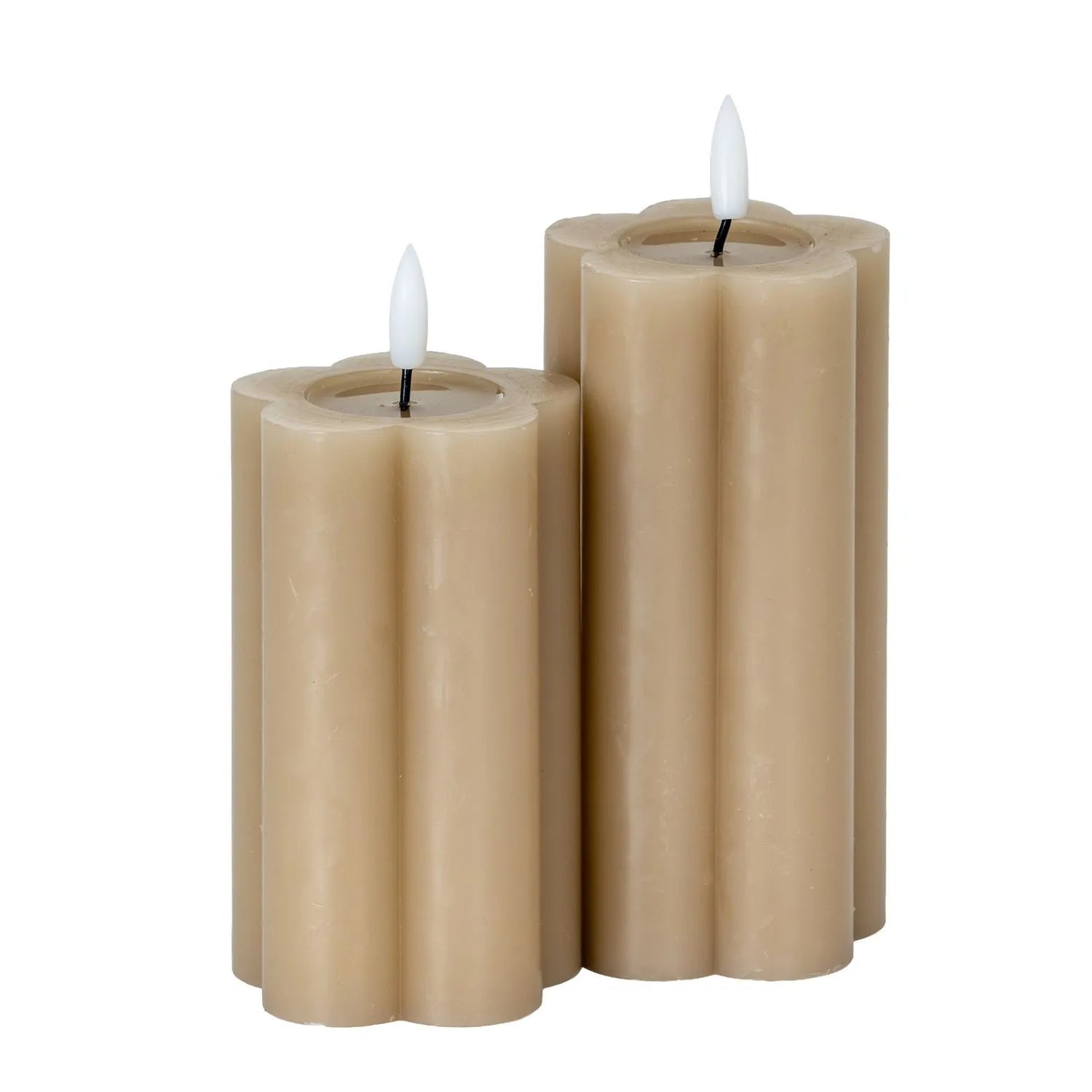 Medium Beige Taupe Scalloped Real Wax LED Flameless Pillar Candle with Realistic Flickering Flame – Battery Operated Decorative Light 12x7x7cm | Click Style