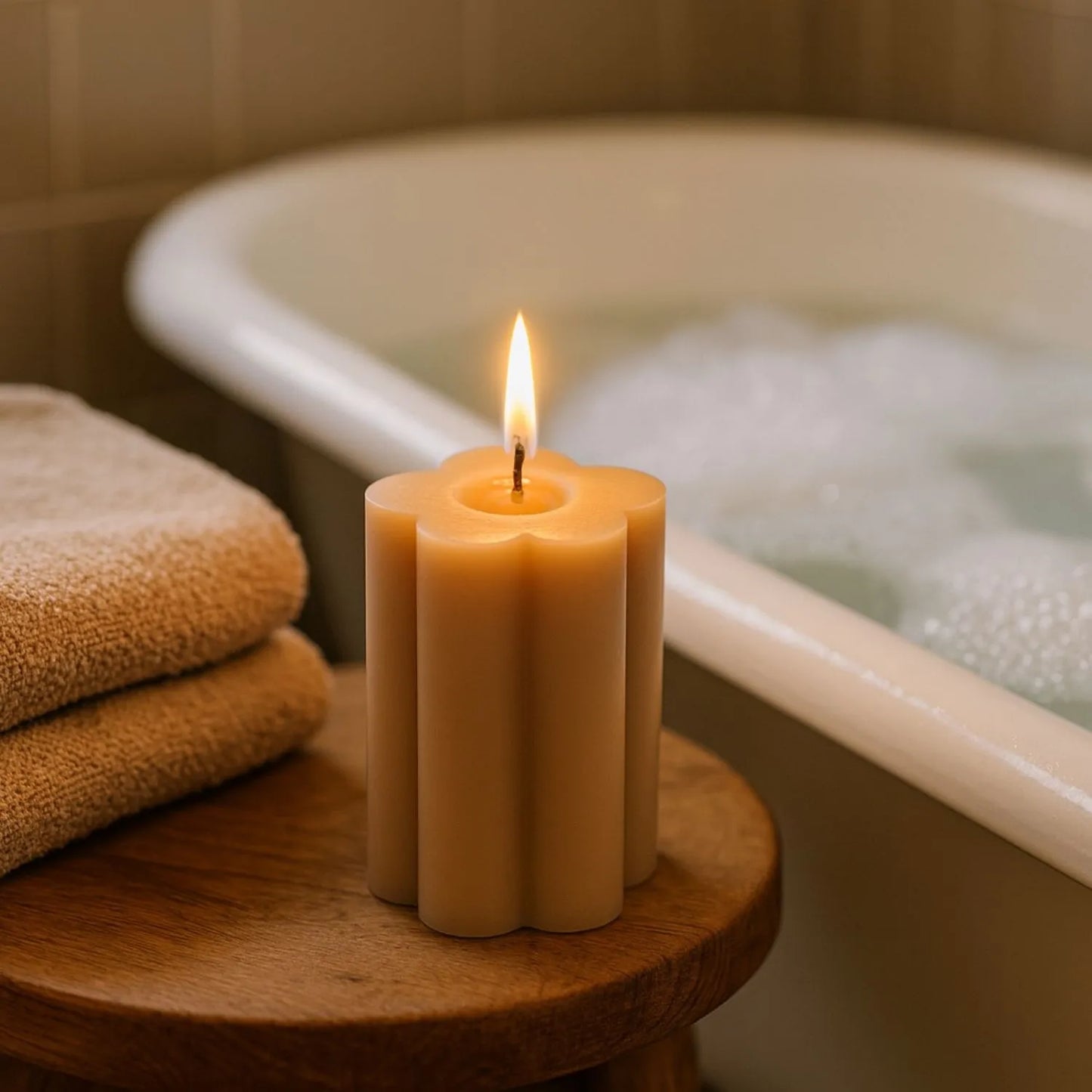 Medium Beige Taupe Scalloped Real Wax LED Flameless Pillar Candle with Realistic Flickering Flame – Battery Operated Decorative Light 12x7x7cm | Click Style