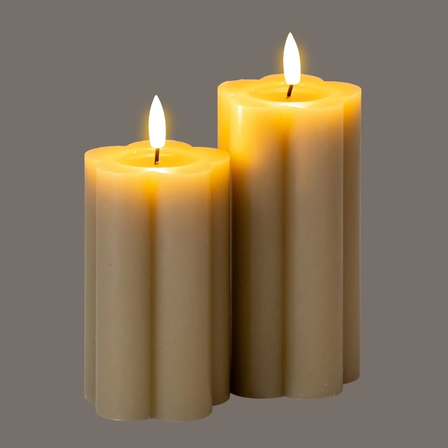 Medium Beige Taupe Scalloped Real Wax LED Flameless Pillar Candle with Realistic Flickering Flame – Battery Operated Decorative Light 12x7x7cm | Click Style