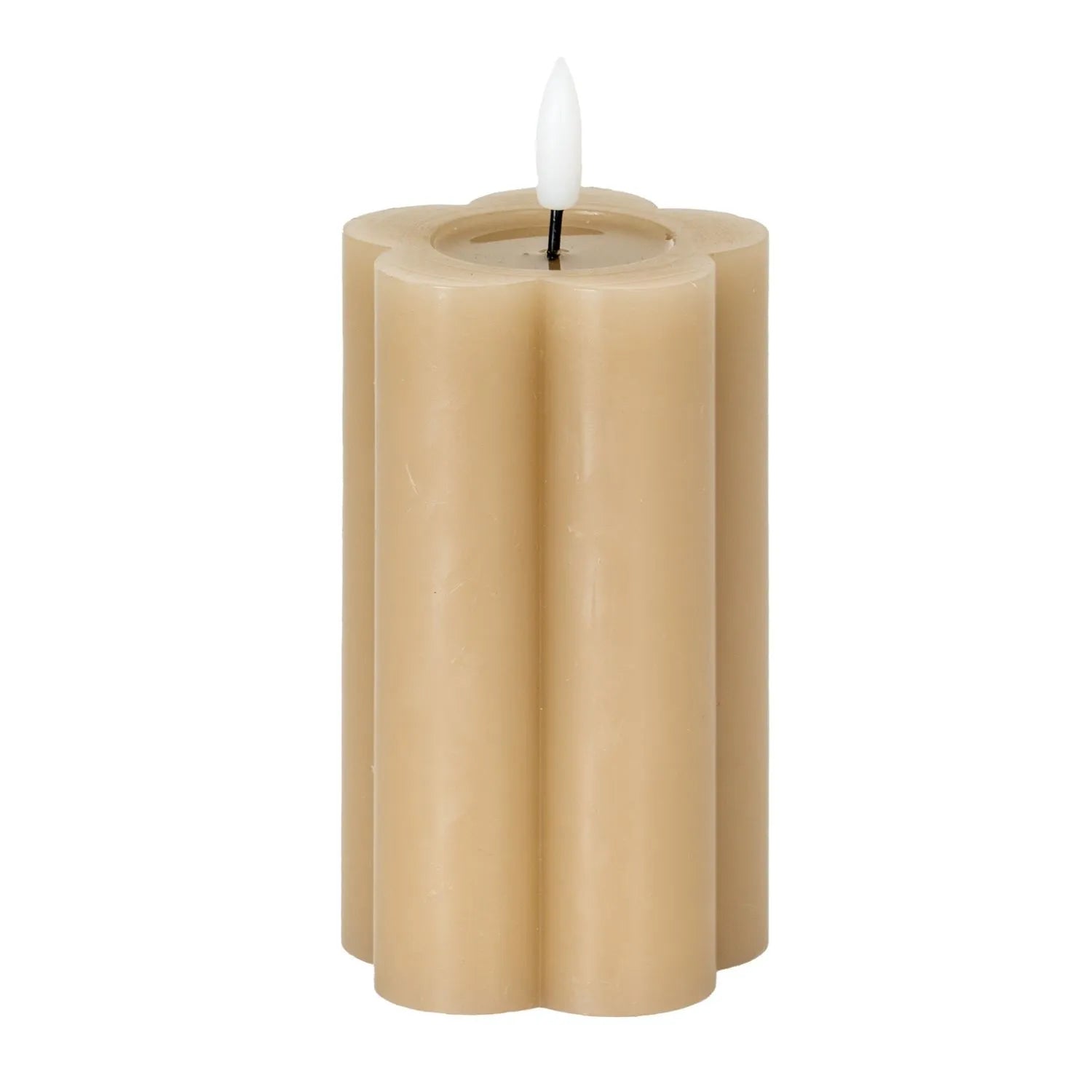 Medium Beige Taupe Scalloped Real Wax LED Flameless Pillar Candle with Realistic Flickering Flame – Battery Operated Decorative Light 12x7x7cm | Click Style