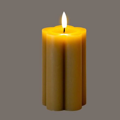 Medium Beige Taupe Scalloped Real Wax LED Flameless Pillar Candle with Realistic Flickering Flame – Battery Operated Decorative Light 12x7x7cm | Click Style