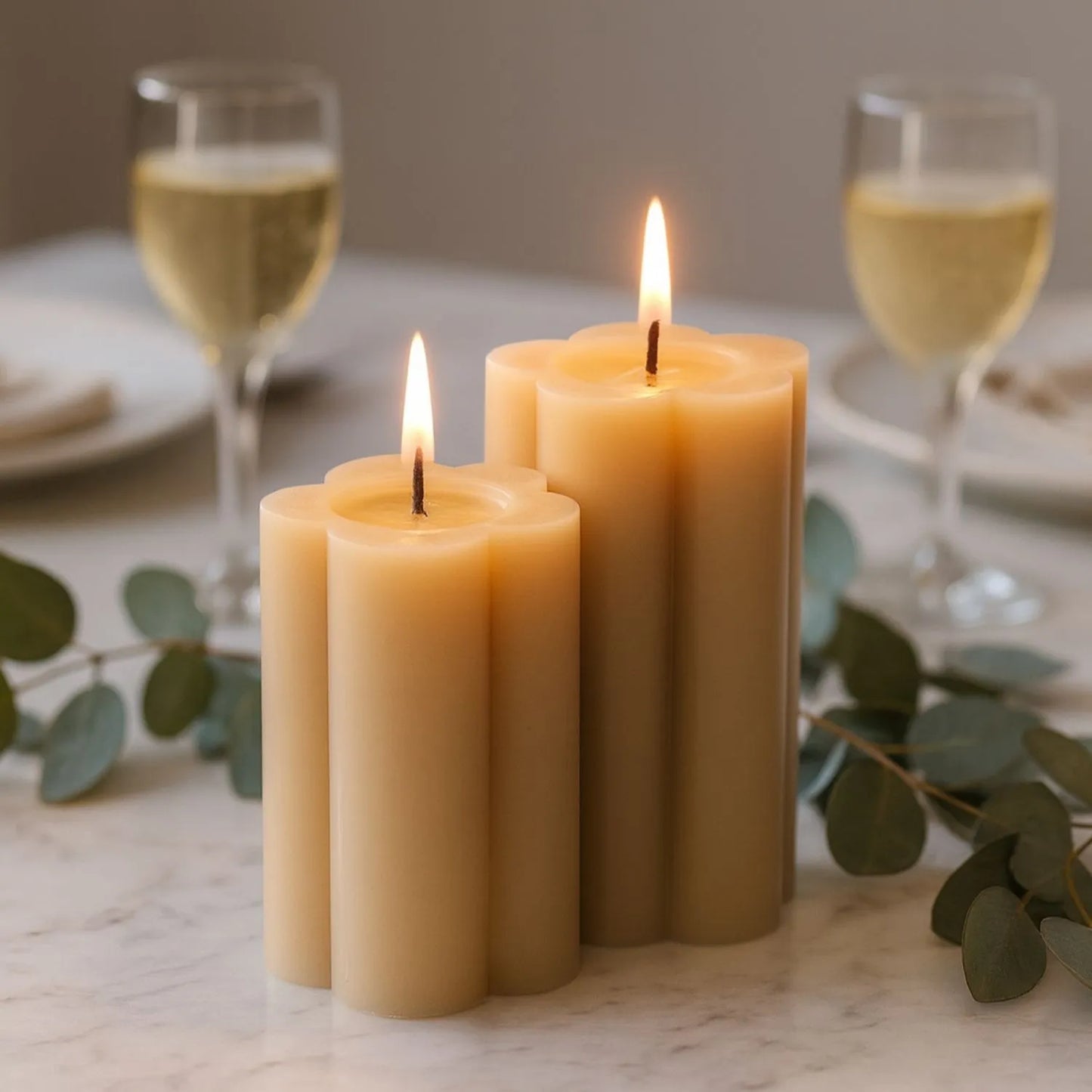Medium Beige Taupe Scalloped Real Wax LED Flameless Pillar Candle with Realistic Flickering Flame – Battery Operated Decorative Light 12x7x7cm | Click Style