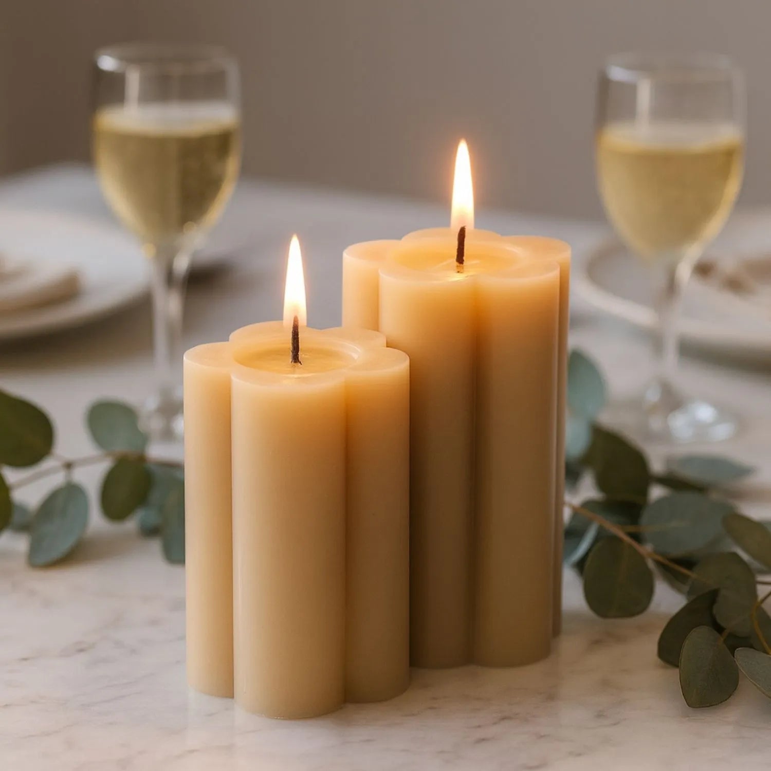 Medium Beige Taupe Scalloped Real Wax LED Flameless Pillar Candle with Realistic Flickering Flame – Battery Operated Decorative Light 12x7x7cm | Click Style