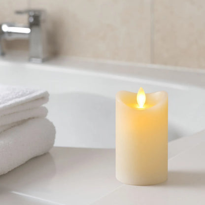Medium Cream Melted-Effect Real Wax LED Flameless Pillar Candle with Flickering Flame – Battery Operated Decorative Light 12x7x7cm | Click Style