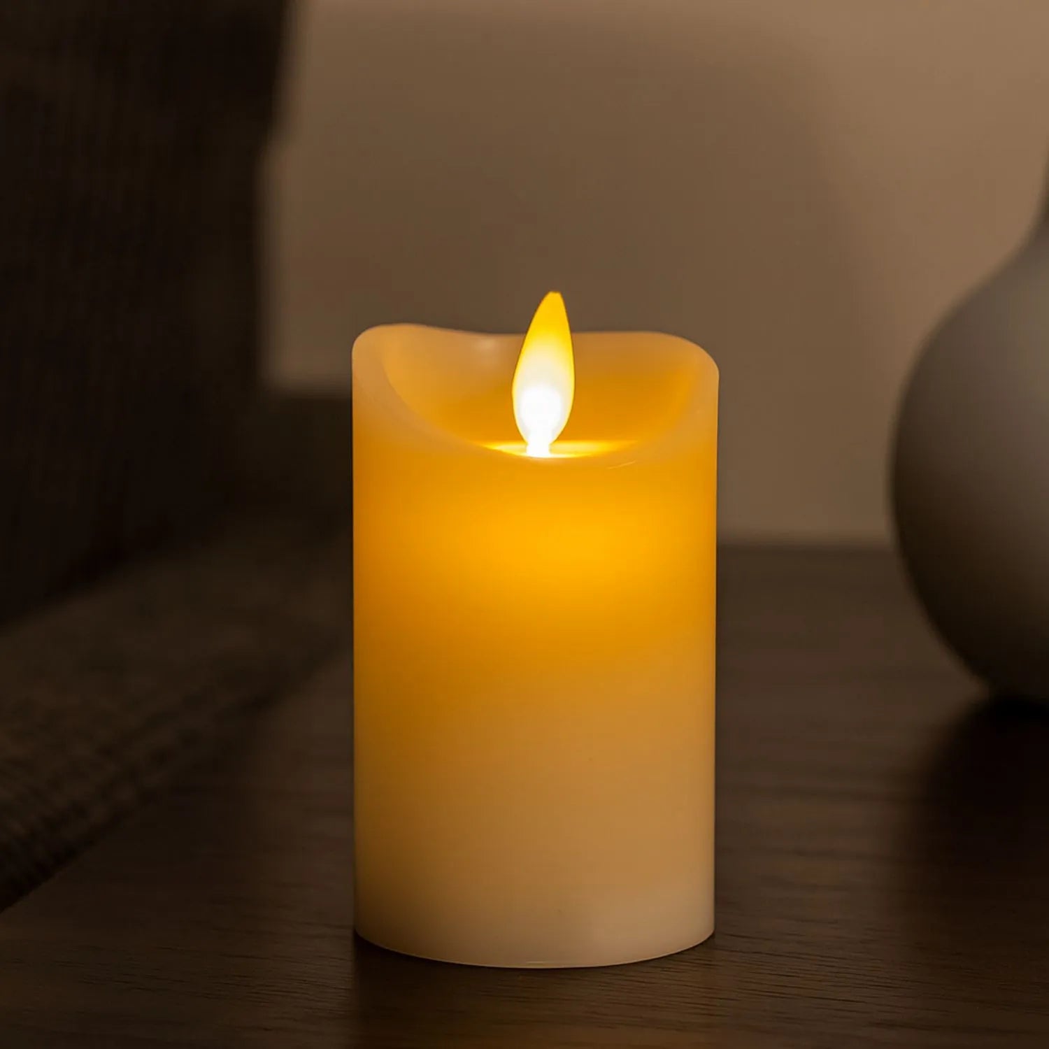 Medium Cream Melted-Effect Real Wax LED Flameless Pillar Candle with Flickering Flame – Battery Operated Decorative Light 12x7x7cm | Click Style